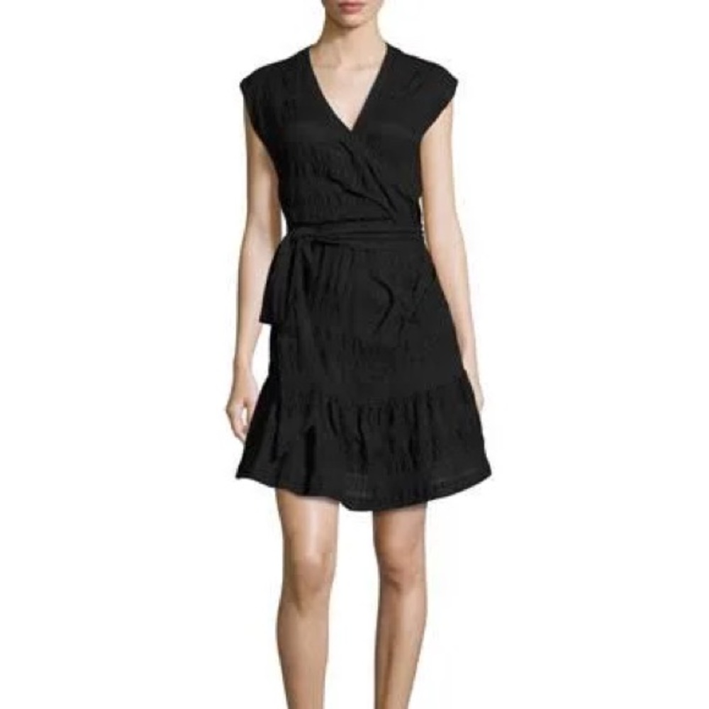 Veronica Beard Shadow Shirred Mini Wrap Dress black stretch cotton.